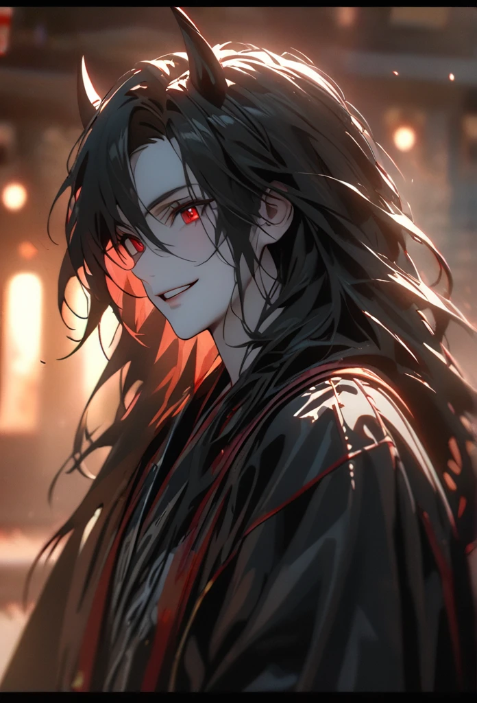 (solo), masculine, black hair, messy hair, mane hair, long hair, dense hair, wild hair, expressive hair, mature,(25 year old), pale skin, red eyes, ((man)), wearing a black robe, black demon horns,, Smiling, showing anime teeth, handsome, attractive, eye reflection, depth of field, thunder aura,cinematic lighting, ray tracing, depth of field, cinematic lighting, ray tracing, UHD, high details, best quality, highres, high quality, award winning, super detail, masterpiece, 8k, UHD, high details, best quality, highres, high quality, award winning, super detail, masterpiece, 8k, digital art, anime coloring, full body, body shot, good face, perfect face, detailed face, good eyes, sitting on a throne