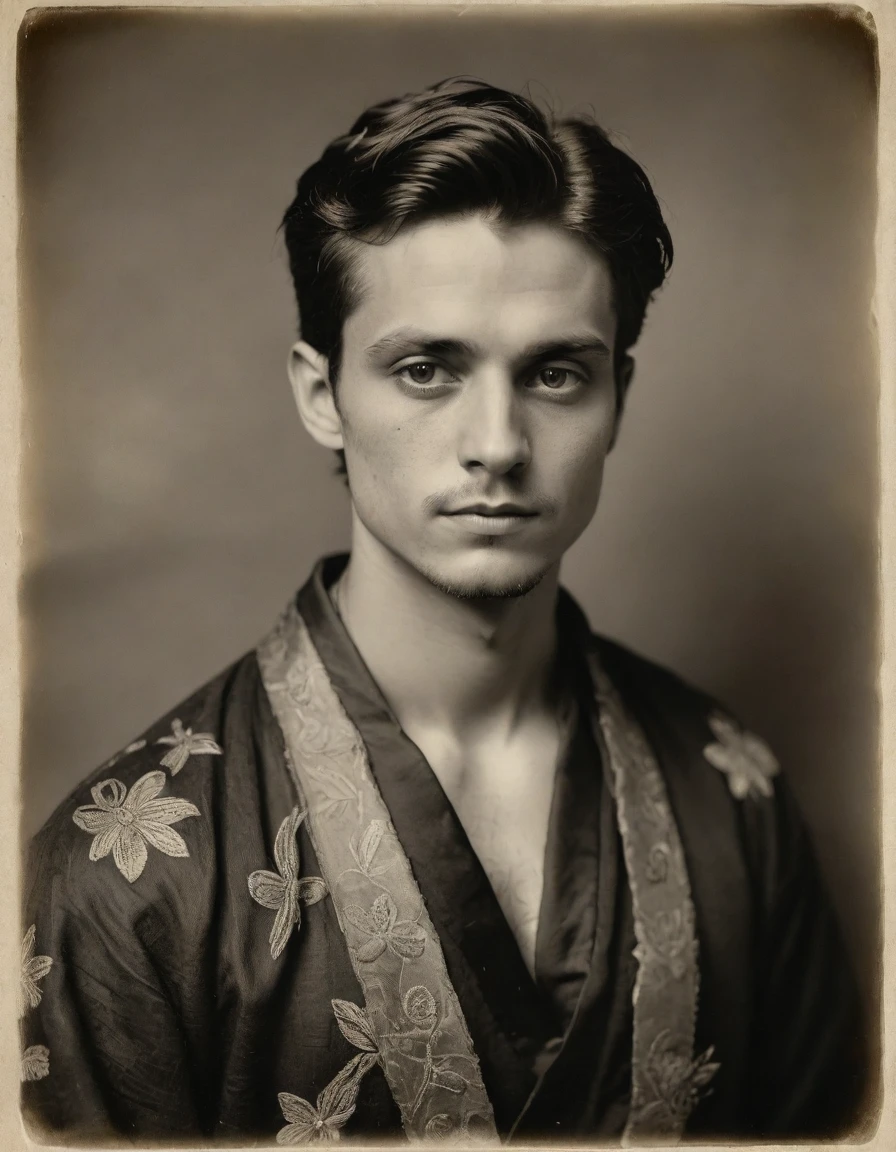 (((Realistic, rough monochrome, daguerreotype on old paper, male focus))), the composition is: (((((a 20 year old Italian male, dignified, facing viewer, snake eye pupils. Tattoos, face tattoos. He is wearing an embroidered silken robe with Mughal elements, sashes, moth medals, pauldrons, diamond shape symbology, moth symbology, jungle background, moth)))))