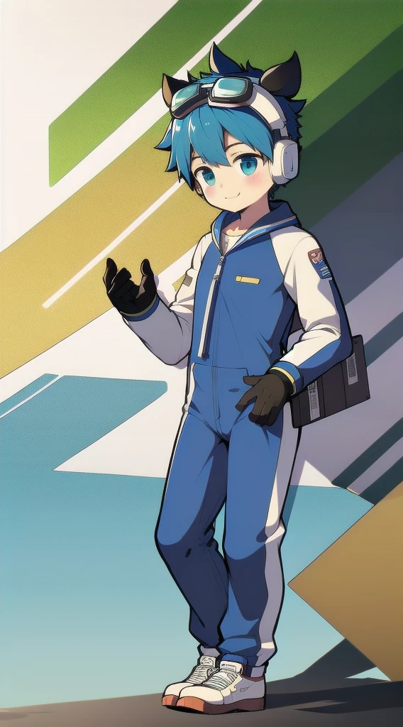 Two-dimensional boy,One-piece mountaineering suit,trumpet,Cow ears,Put the headphones on your head,stand up,goggles,sports shoes,Slim,Happy,Sailor collar