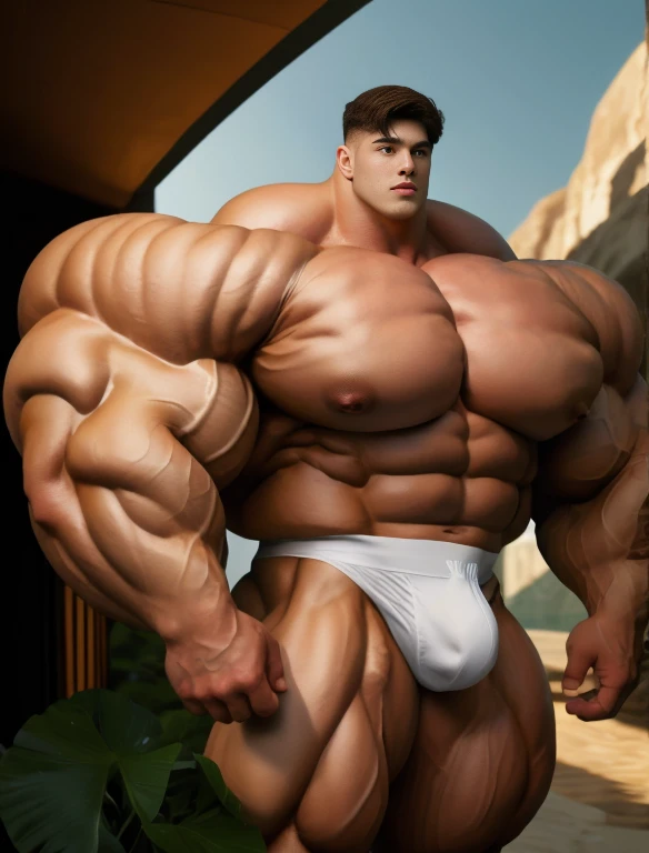 1boy, giant, alone, giant bodybuilder, illuminating light, strong body, bulk, large size, standing, with panoramic background, outdoor, nude, white triangular underwear, thick bulge, scratch his bulge, extraordinary big, brutalmass, giant muscular body, bulk, buff, massive body, large meaty body size, extremely wide body