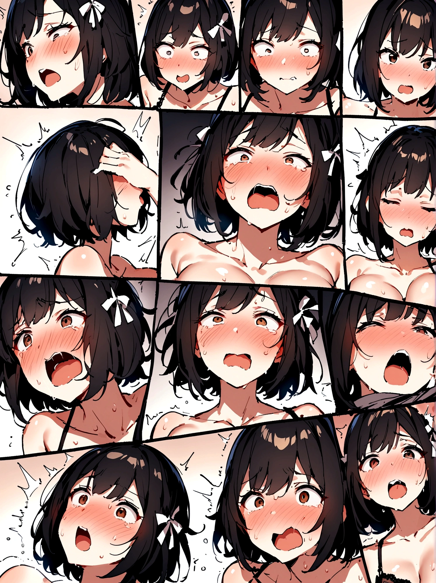 NSFW,masterpiece,Highest quality,High resolution,Super detailed,dsshino, Brown eyes, short hair, Black Hair, Side Lock, Hair Ribbon,High-quality lingerie,Embarrassed,excited,Estrus,fear,blush,Sweat,orgasm,Climax,(Squirting),Roll your eyes、squint,Having intense sex,Insert,Creampie,(Falling into Pleasure)