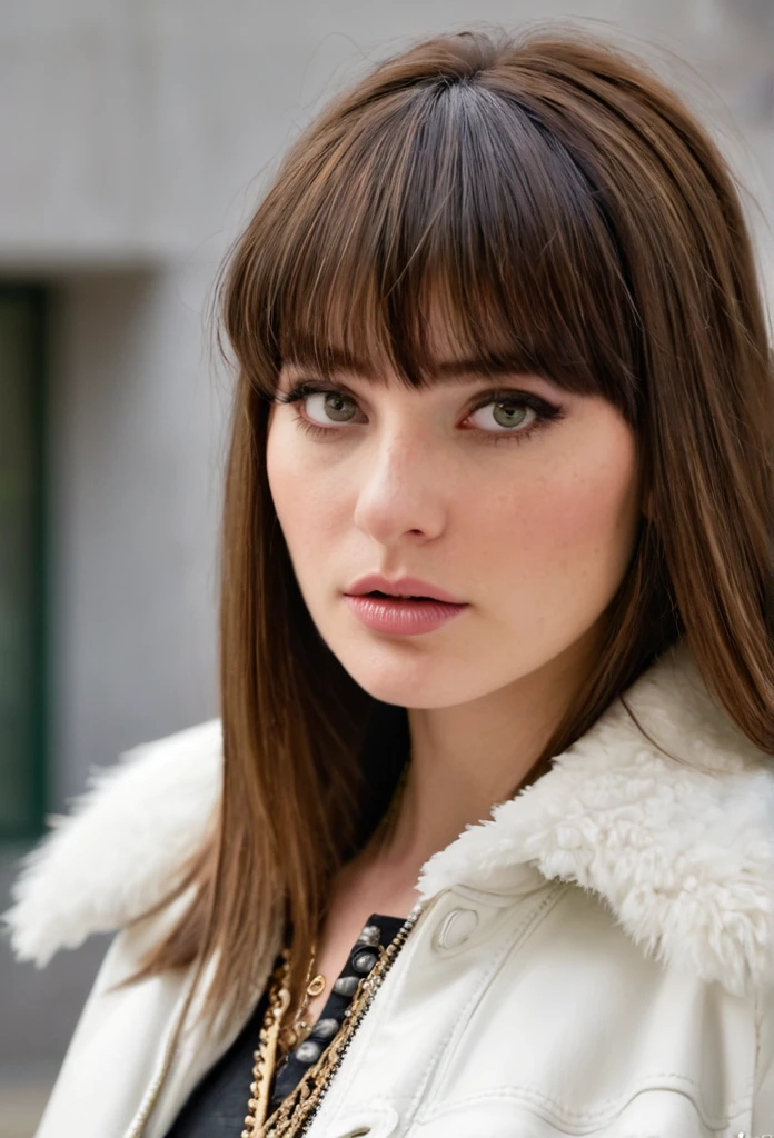 masterpiece, highres, screen shot, best quality, 1girl, (scar on left eye), white cropped jacket, highly detailed, rule of thirds, jewelry, long hair, bangs, hair between eyes