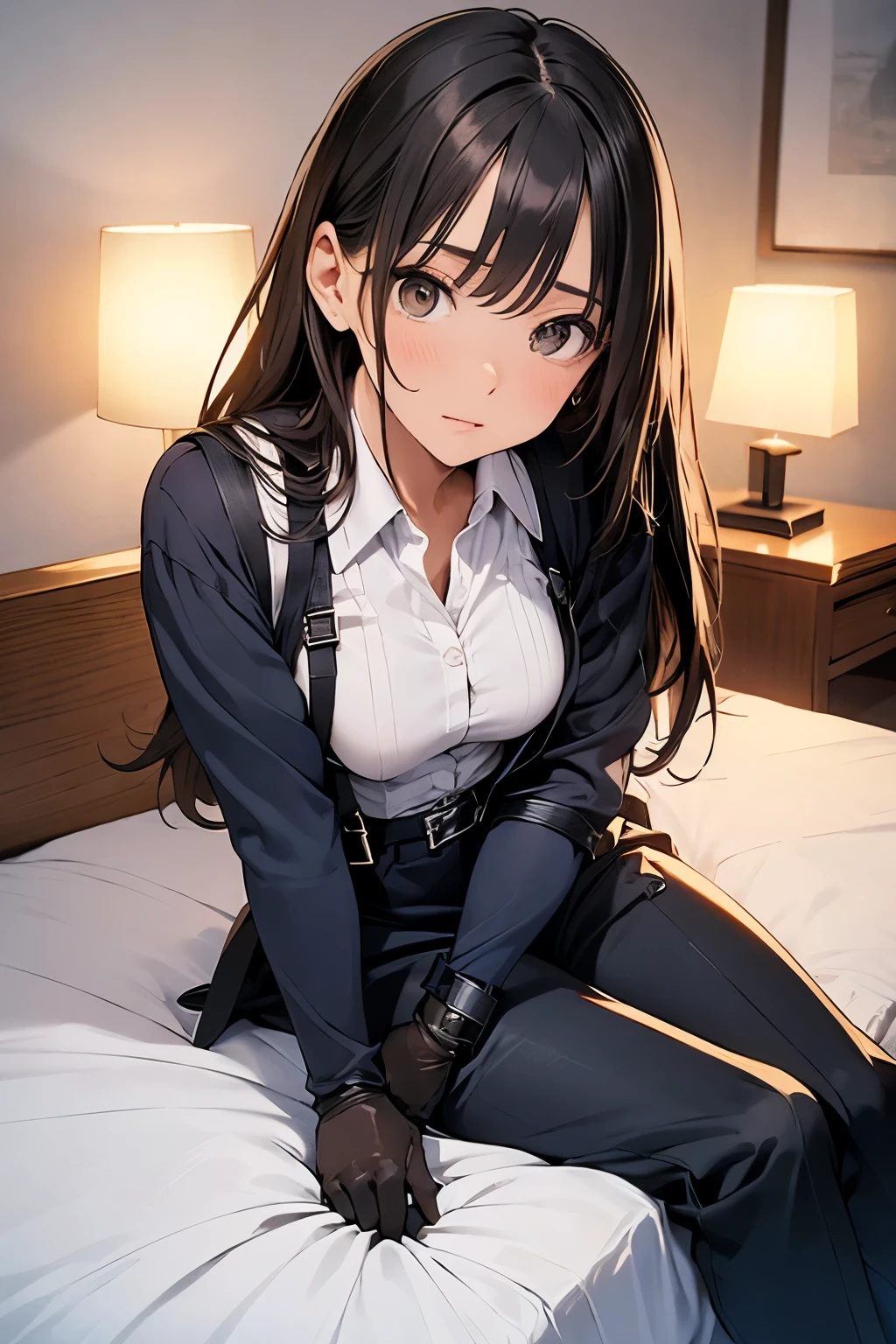 suspenders Moderate breasts Small face holster Beautiful woman Lying in bed Looking up Sweat belt summer 脇Sweat Black Hole Gloves suit shirt Black jacket
Black trousers Gun possession Armament