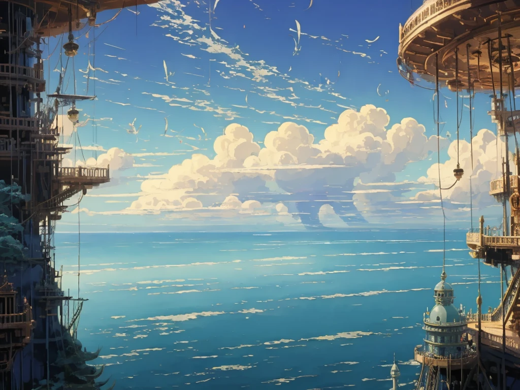 DVD screengrab from studio ghibli movie, beautiful seaside steampunk observatory interior, clouds on blue sky, designed by Hayao Miyazaki, retro anime