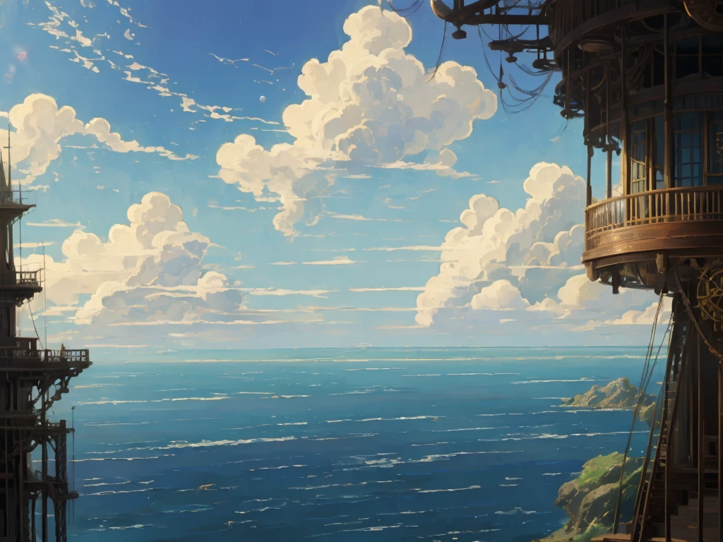 DVD screengrab from studio ghibli movie, beautiful seaside steampunk observatory interior, clouds on blue sky, designed by Hayao Miyazaki, retro anime