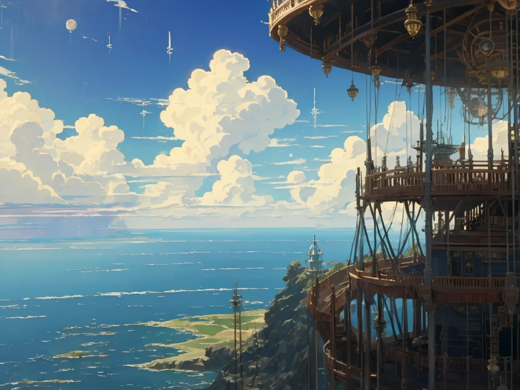DVD screengrab from studio ghibli movie, beautiful seaside steampunk observatory interior, clouds on blue sky, designed by Hayao Miyazaki, retro anime