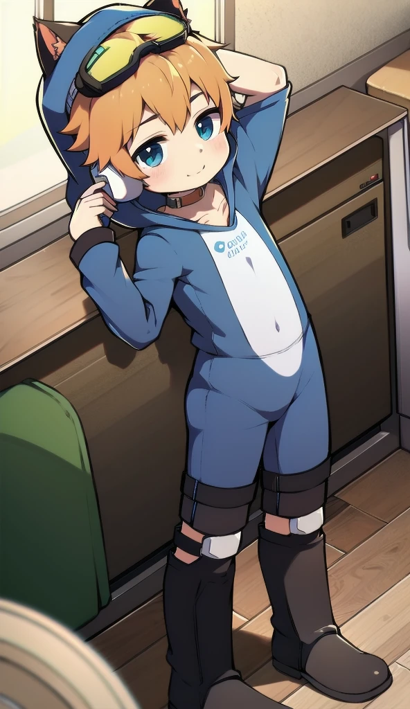 2D boy，One-piece mountaineering suit，trumpet，Cat ears，Put the headphones on your head，stand up，goggles，boots，Slim，Happy，Sailor collar，classroom，hood