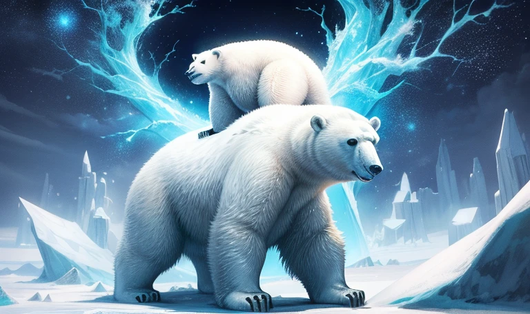 (((Polar Bear))) standing and looking at the sky, Medium muscular, frozen planet setting, snowstorm , zoomed in on crotch, , chunie, darkgem, He uses an old, torn blanket made of animal hide as a garment to protect His body from the extreme cold.