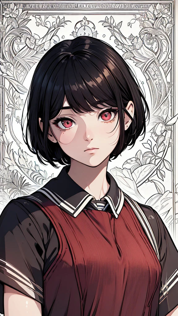 (hyperrealistic), (8K), (extremely detailed), (best illustration), (beautiful detailed eyes), (best quality), (ultra-detailed), (masterpiece), (wallpaper), (detailed face), solo, (school uniform: 1.9), looking at the audience, exquisite details, short black hair, red eyes.