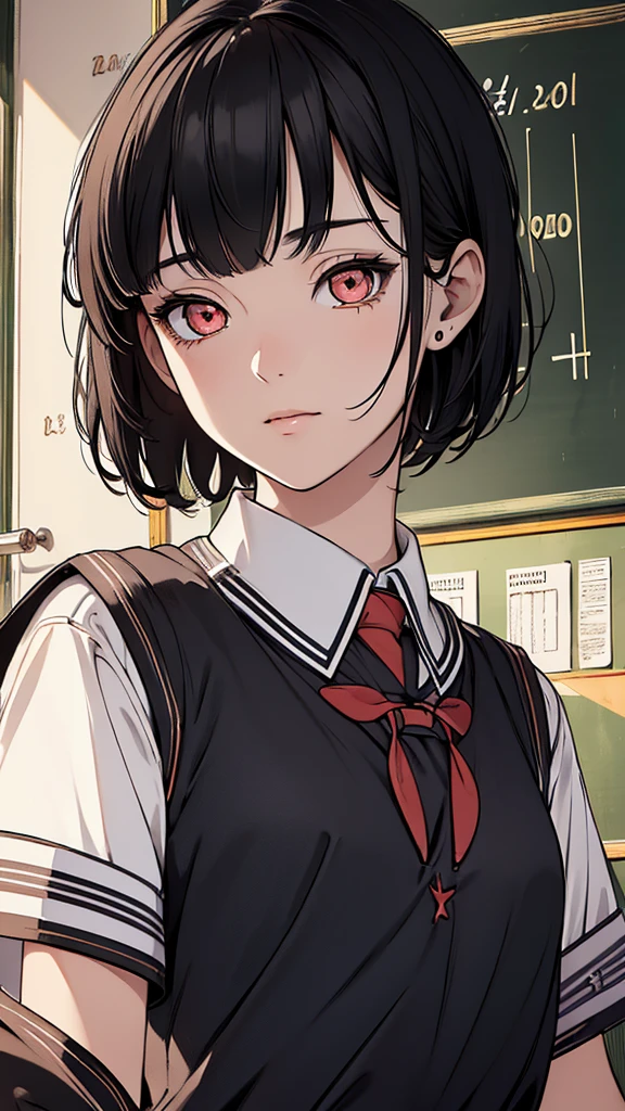 (hyperrealistic), (8K), (extremely detailed), (best illustration), (beautiful detailed eyes), (best quality), (ultra-detailed), (masterpiece), (wallpaper), (detailed face), solo, (school uniform: 1.9), looking at the audience, exquisite details, short black hair, red eyes.