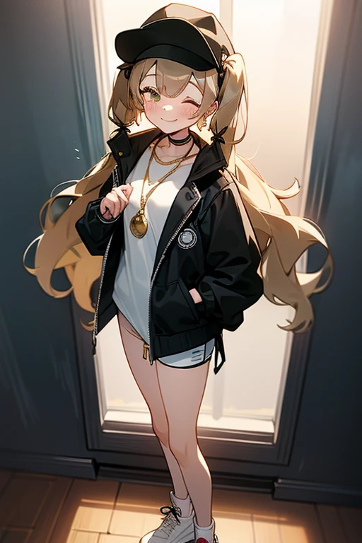 Girl standing posing, Anime girl style, pale light yellow skin, two pigtails wavy black hair, black hat, short white shirt, open black jacket, ripped jeans, white tennis shoes, silver chain necklace, golden circle earrings, smiling face closing eyes with blush, pussy, standing up in her bedroom, lencería 