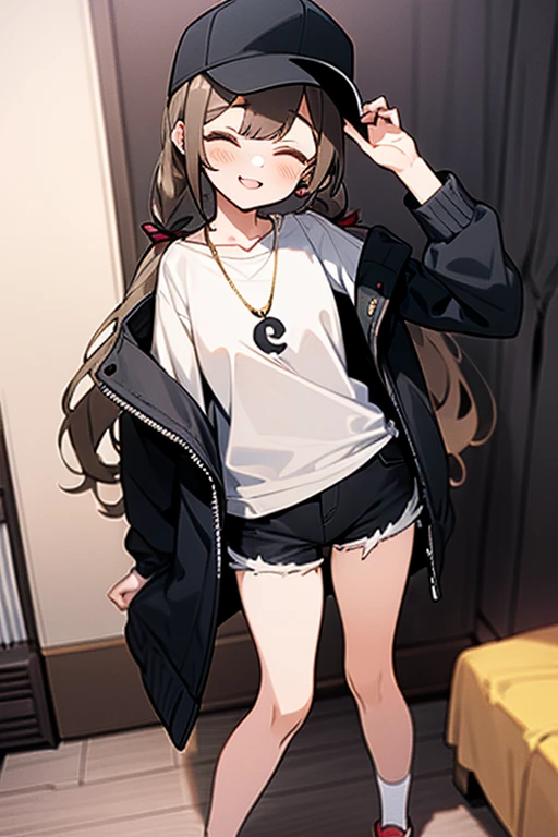 Girl standing posing, Anime girl style, pale light yellow skin, two pigtails wavy black hair, black hat, short white shirt, open black jacket, ripped jeans, white tennis shoes, silver chain necklace, golden circle earrings, smiling face closing eyes with blush, pussy, standing up in her bedroom, lencería 