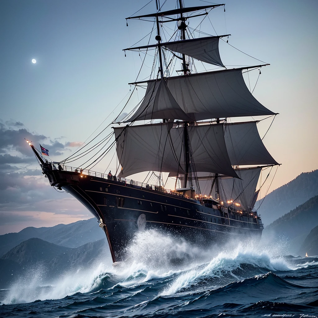 The ship Black Pearl among the mountains against the backdrop of the moon and at the helm is the captain with a blue beard