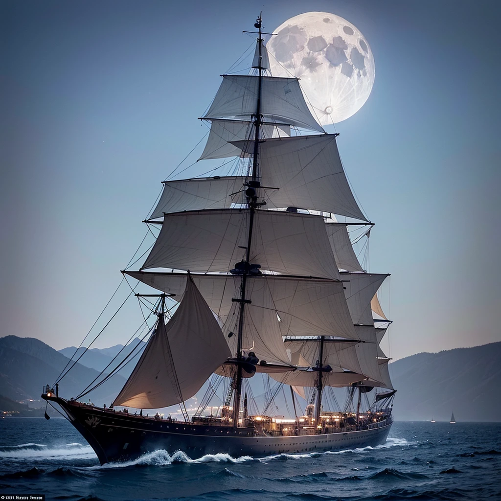 The ship Black Pearl among the mountains against the backdrop of the moon and at the helm is the captain with a blue beard
