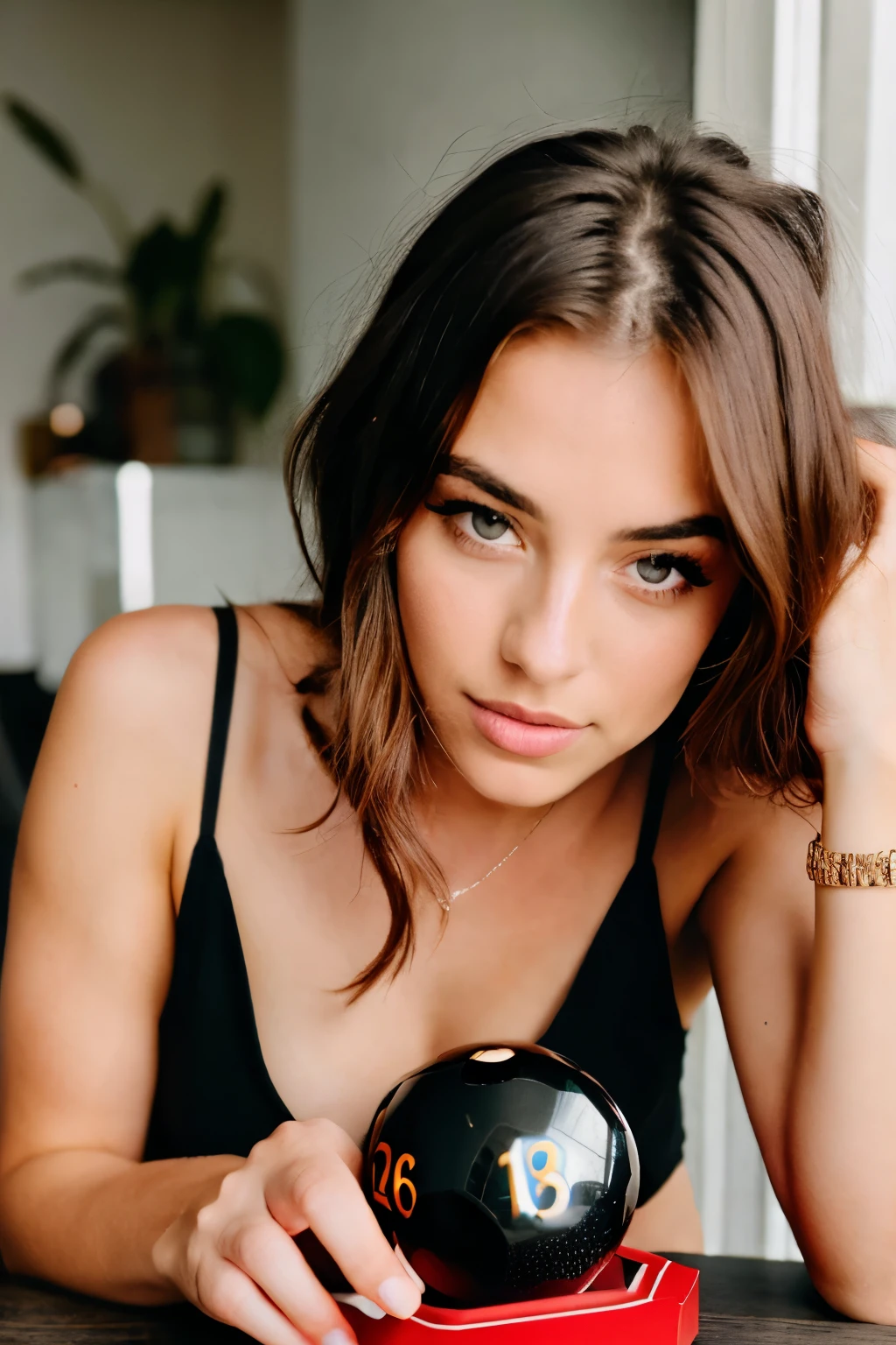 gorgeous sexy woman looking over a magic eight ball on a table, looking into the camera