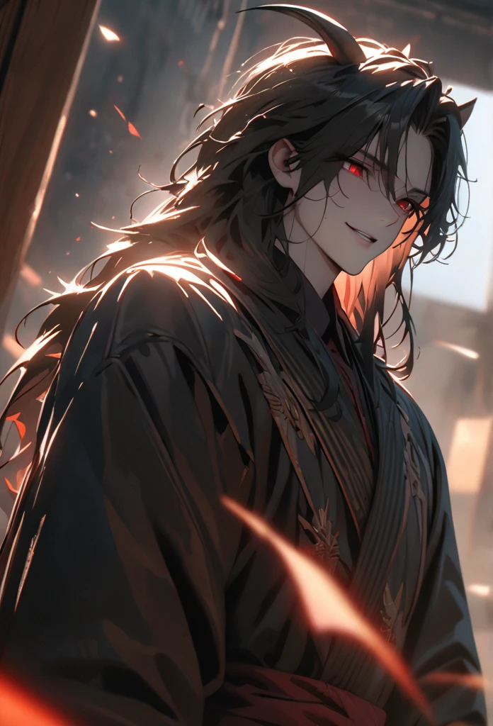 (solo), masculine, black hair, messy hair, mane hair, long hair, dense hair, wild hair, expressive hair, mature,(25 year old), pale skin, red eyes, ((man)), wearing a black robe, black demon horns,, Smiling, showing anime teeth, handsome, attractive, eye reflection, depth of field, thunder aura,cinematic lighting, ray tracing, depth of field, cinematic lighting, ray tracing, UHD, high details, best quality, highres, high quality, award winning, super detail, masterpiece, 8k, UHD, high details, best quality, highres, high quality, award winning, super detail, masterpiece, 8k, digital art, anime coloring, full body, body shot, good face, perfect face, detailed face, good eyes, sitting on a throne