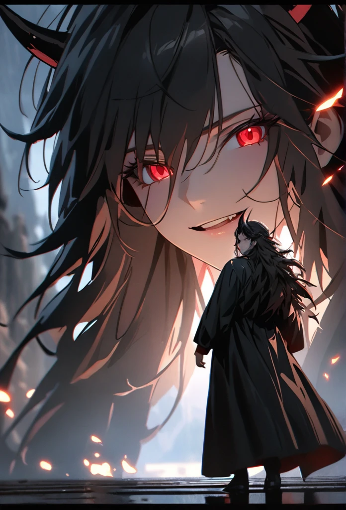 (solo), masculine, black hair, messy hair, mane hair, long hair, dense hair, wild hair, expressive hair, mature,(25 year old), pale skin, red eyes, ((man)), wearing a black robe, black demon horns,, Smiling, showing anime teeth, handsome, attractive, eye reflection, depth of field, thunder aura,cinematic lighting, ray tracing, depth of field, cinematic lighting, ray tracing, UHD, high details, best quality, highres, high quality, award winning, super detail, masterpiece, 8k, UHD, high details, best quality, highres, high quality, award winning, super detail, masterpiece, 8k, digital art, anime coloring, full body, body shot, good face, perfect face, detailed face, good eyes, sitting on a throne