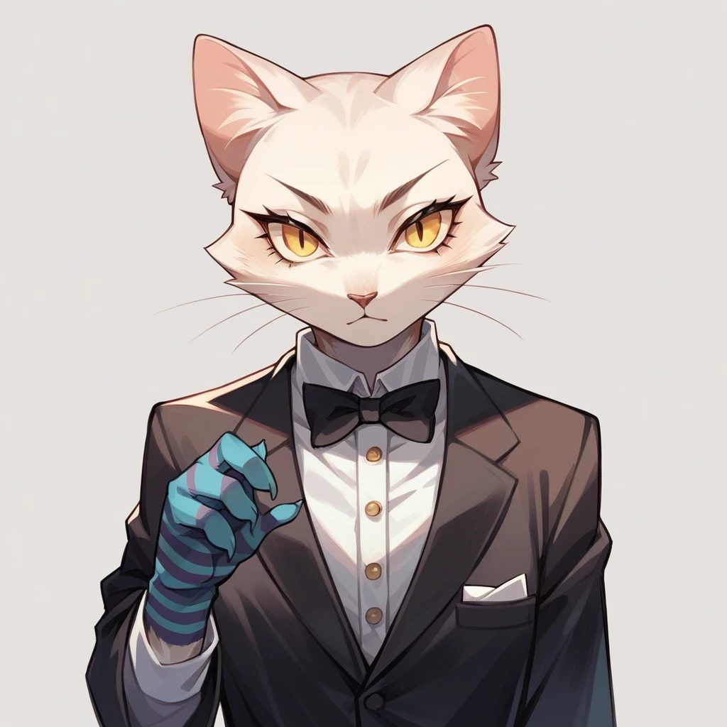 solo female ,furry ,tuxedo cat A Japanese girl with yellow eyes, black fringes cut in a bob hairstyle, striped gloves wearing any clothes and any clothes as an outfit