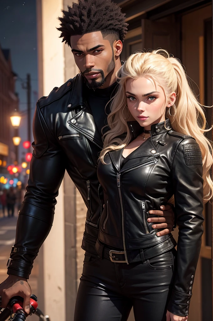 A muscular and sensual young wild afro black werewolf, with bright red eyes, all bald and with a goatee wearing a leather biker jacket, stopped, with a big old giant classic super bike, through a small town in the interior of the country at night with a young beautiful blonde woman in sensual uniform standing next to him very well armed with a mischievous smile being tightly hugged from behind by him.