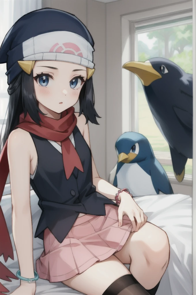 (masterpiece, best quality), intricate details,
1girl, pokemon dawn, black hair, blue eyes, sidelocks, long hair,, bare shoulders, beanie, black shirt, black socks, bracelet, hat, jewelry, kneehighs, miniskirt, pink skirt, red scarf, scarf, shirt, skirt, sleeveless, sleeveless shirt, white headwear,
indoors, penguin, bedroom,