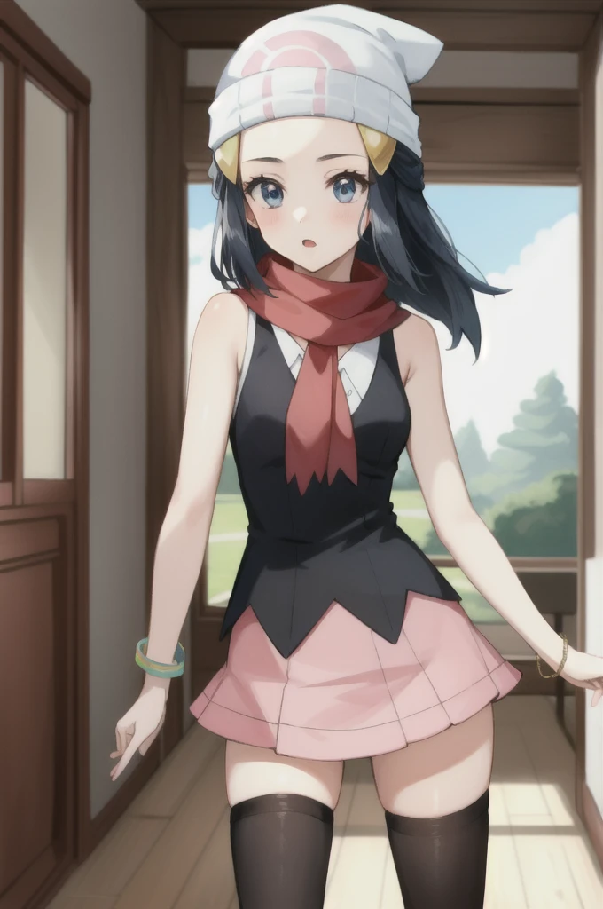 (masterpiece, best quality),  intricate details,
1girl,    pokemon dawn, black hair, blue eyes, sidelocks, long hair,, bare shoulders, beanie, black shirt, black socks, bracelet, hat, jewelry, kneehighs, miniskirt, pink skirt, red scarf, scarf, shirt, skirt, sleeveless, sleeveless shirt, white headwear,
indoors, penguin, bedroom,