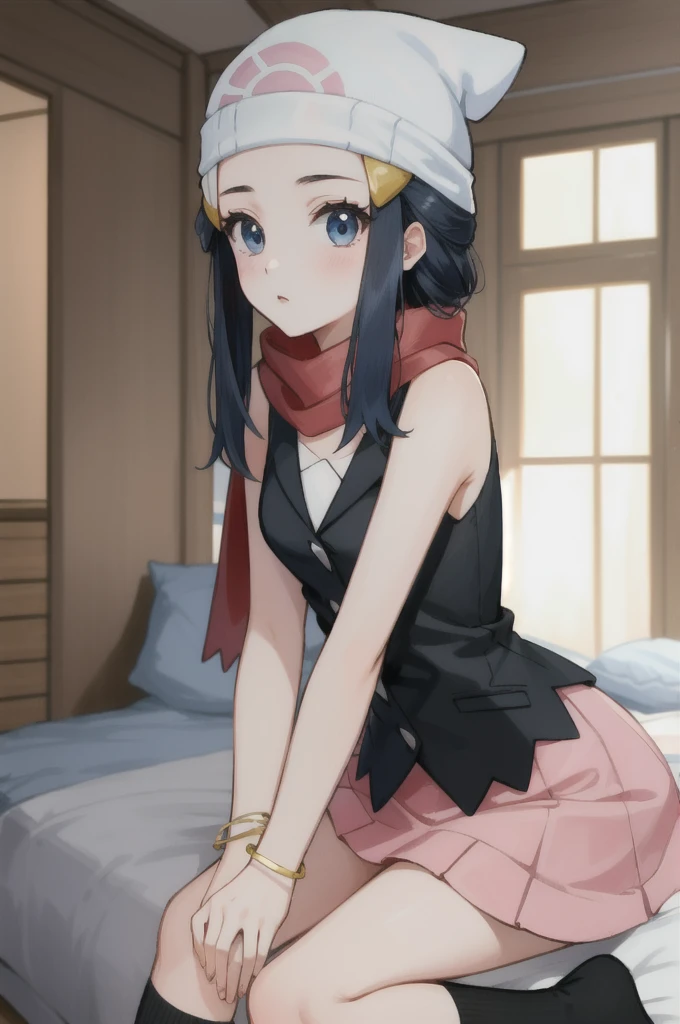 (masterpiece, best quality), intricate details,
1girl, pokemon dawn, black hair, blue eyes, sidelocks, long hair,, bare shoulders, beanie, black shirt, black socks, bracelet, hat, jewelry, kneehighs, miniskirt, pink skirt, red scarf, scarf, shirt, skirt, sleeveless, sleeveless shirt, white headwear,
indoors, penguin, bedroom,