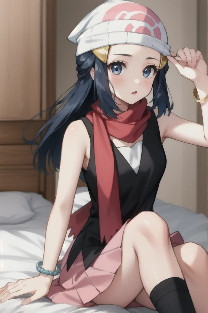 (masterpiece, best quality),  intricate details,
1girl,    pokemon dawn, black hair, blue eyes, sidelocks, long hair,, bare shoulders, beanie, black shirt, black socks, bracelet, hat, jewelry, kneehighs, miniskirt, pink skirt, red scarf, scarf, shirt, skirt, sleeveless, sleeveless shirt, white headwear,
indoors, penguin, bedroom,