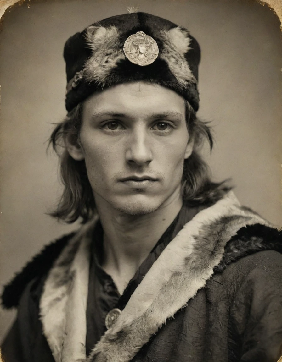 ((((Realistic, rough monochrome, daguerreotype on old paper, male focus)))), the composition is: (((a 20 year old male Russian brigand, sullen, muscular, facing viewer. He is wearing a tiger fur hat. He is wearing a black caftan with Praetorian elements, sashes, medals, lozenge shape pendants)))