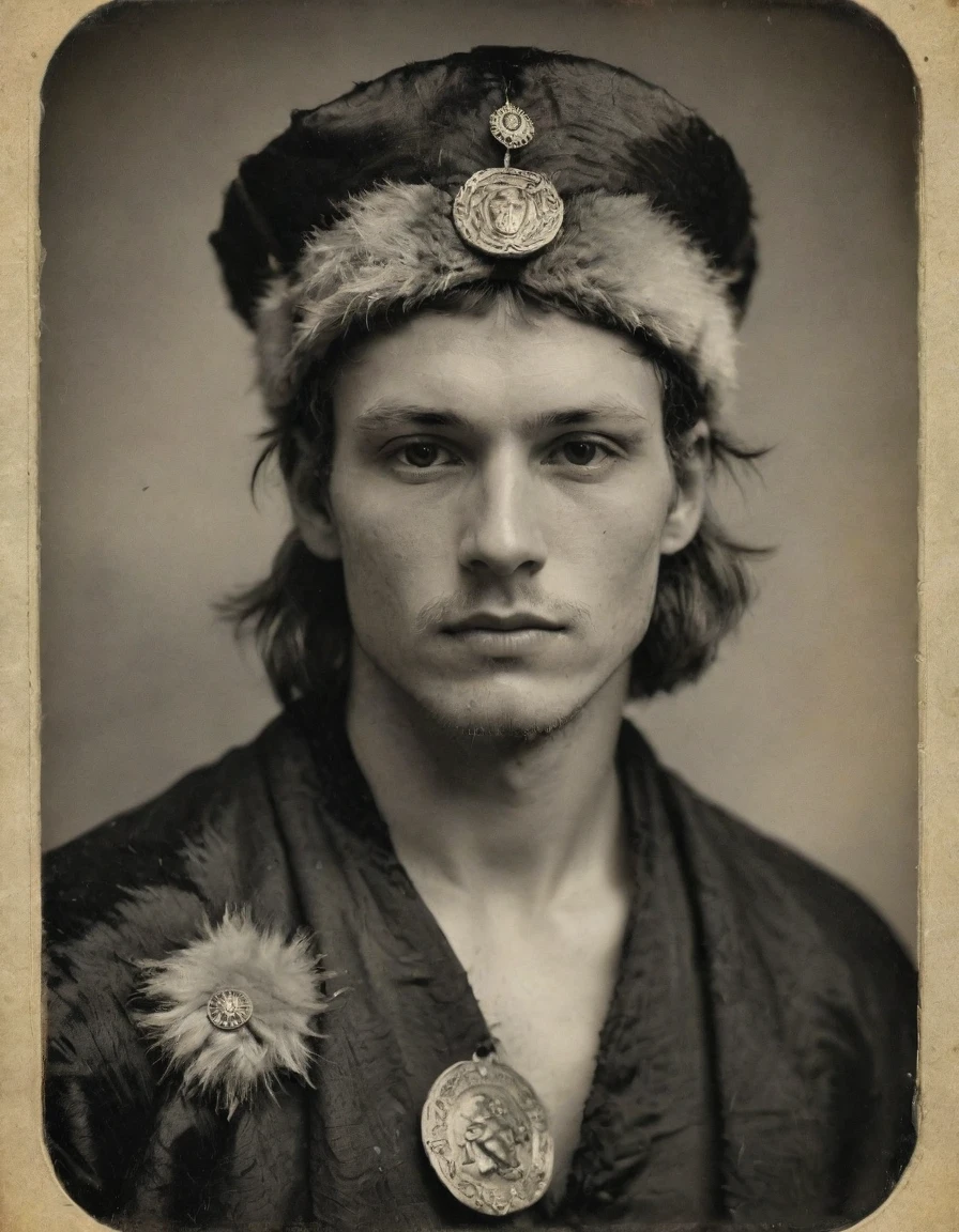 ((((Realistic, rough monochrome, daguerreotype on old paper, male focus)))), the composition is: (((a 20 year old male Russian brigand, sullen, muscular, facing viewer. He is wearing a tiger fur hat. He is wearing a black caftan with Praetorian elements, sashes, medals, lozenge shape pendants)))