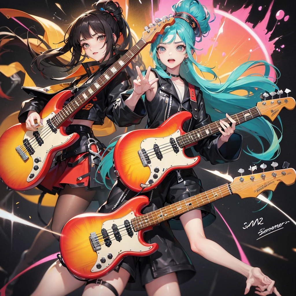 crie uma imagem baseada nessa descriçao: 🎵 Song Name: Blazing Hearts
🎵 Genre: K-pop
🎵 Tone: Energetic and Empowering
🎵 Instrument Selection: Synthesizer, Drums, Bass, Electric Guitar, sem mãos extras, sem guitar extra, sem pernas extras