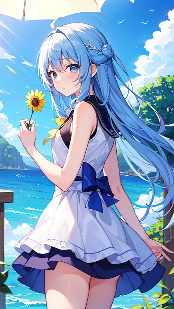 student、High resolution 美しい青い瞳、Systemic manifestations、One personの女の子、One person、blue sky背景、bright、blue sky、cloud、sunny、youth、youth、Blue and white main color、Solo Focus、like、accessories、Beautiful hairstyle、Beautiful Eyes、光沢 High resolution、Zoom out、quality(8K、High definition、CGユニットwallpaper、masterpiece、High resolution、最高quality、最高quality、Surreal、Increase the resolution、最高quality、High definition、wallpaper、Cinema Lighting、Ray Tracing) 、 Golden Ratio\)、