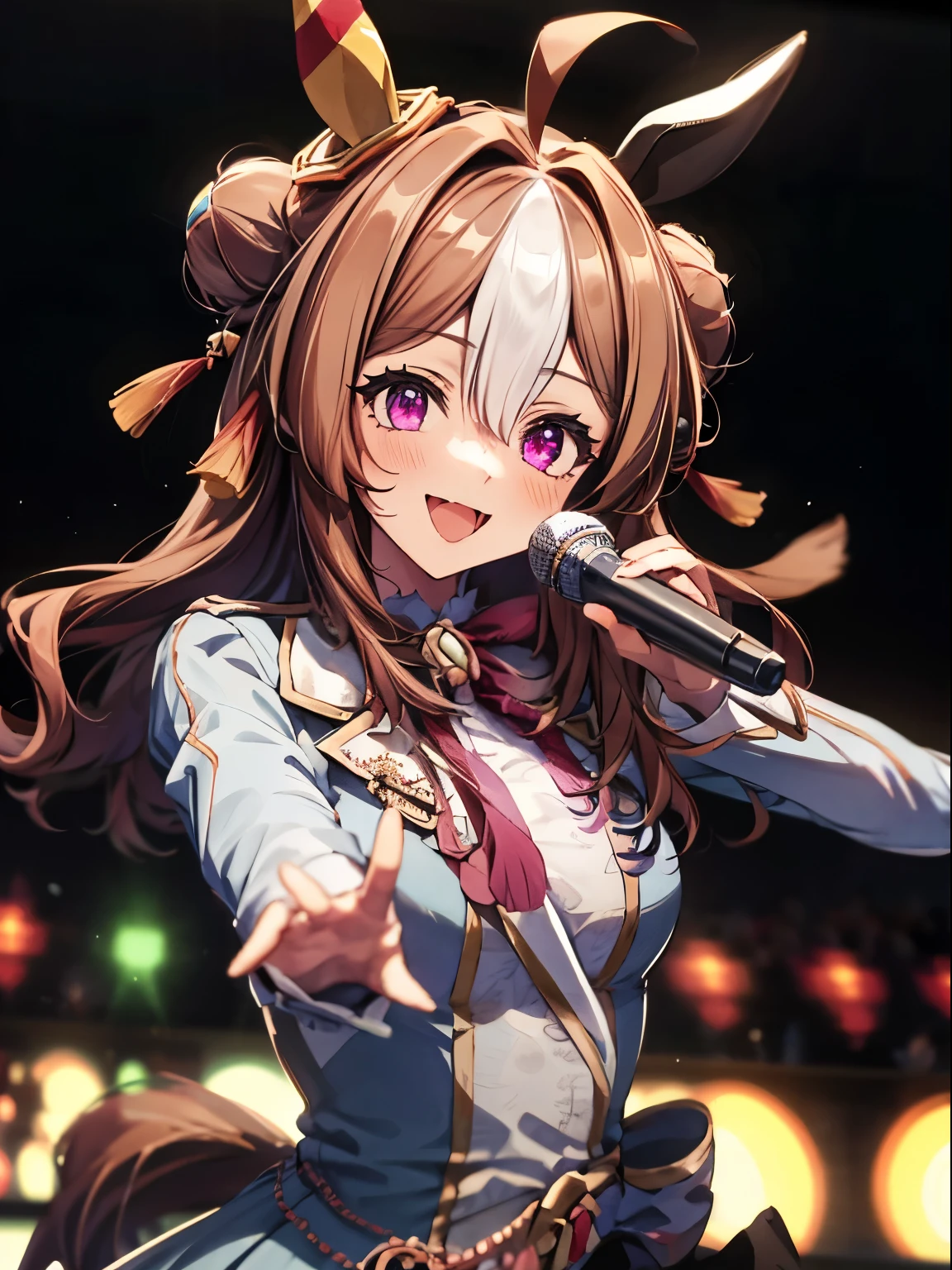 copano rickey \(umamusume\), 1 girl, Solo, Cute Girl,Best Quality, Ultra-detailed, 8K, High resolution, detailed face, dynamic angle, upper body, smile, singing on the stage, Snowy_Integrity,