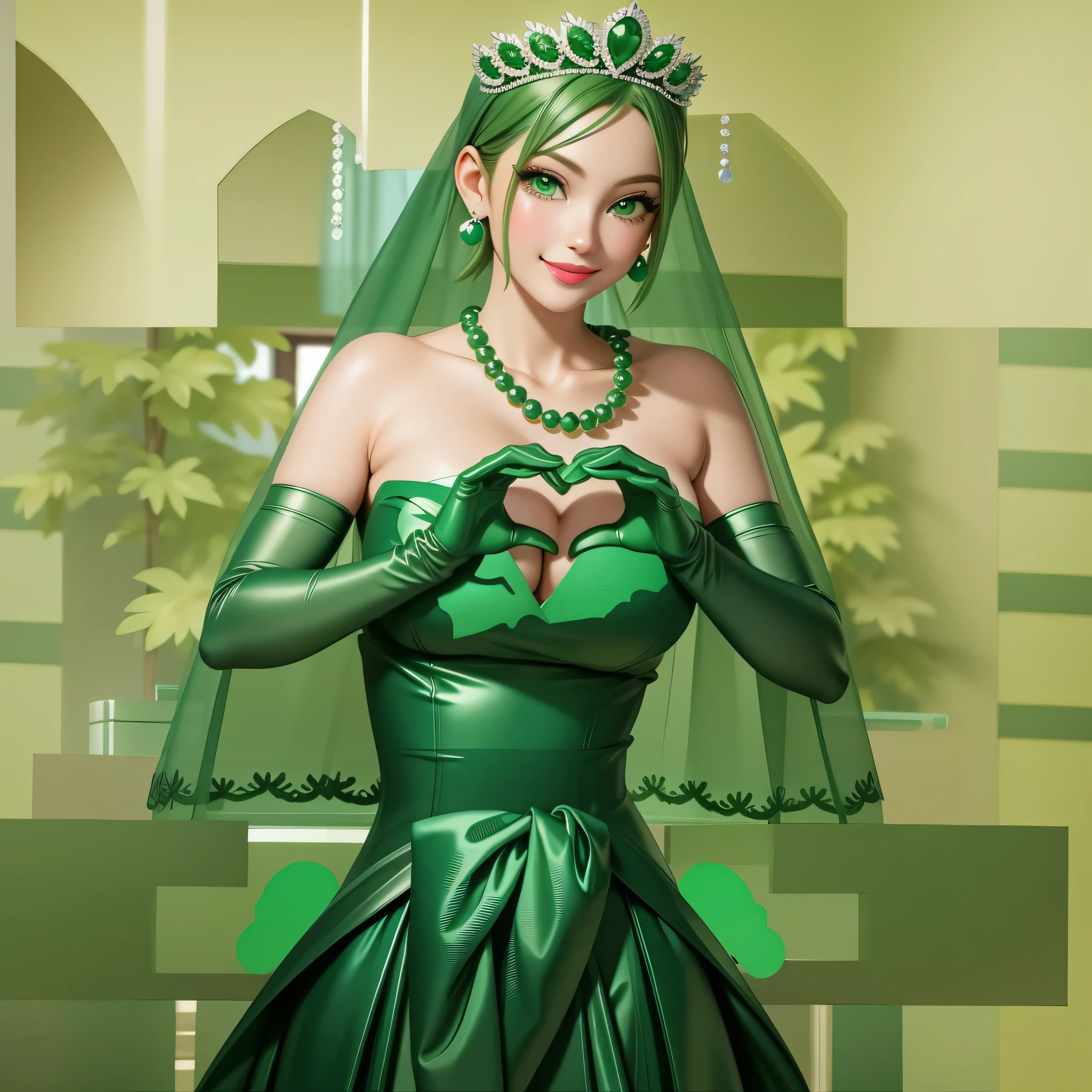 emerald tiara, Green Pearl Necklace, Boyish very short green hair, Green Lips, Smiling Japanese woman, Very short hair, Busty beautiful lady, Green Eyes, Green satin long gloves, Green Eyes, Emerald Earrings, Green veil, Heart with both hands, Green Hair, Beautiful Japanese Woman, Heart shaped hands:1.3, green lip gloss