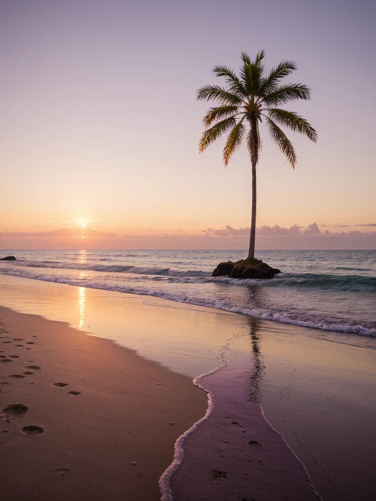 A highly realistic 8K image of a sunset at the beach. The scene features golden sands and gentle waves illuminated by the warm glow of the setting sun. Palm trees frame the view, casting long shadows on the sand. The sky is a stunning gradient of soft pink, orange, and purple hues. The reflection of the sunset on the water adds depth and serenity to the scene. Captured with a Canon EOS R5, 24-70mm f/2.8 lens at f/11, ISO 100, 1/60s shutter speed. Photorealistic, ultra-detailed, HDR, high dynamic range, impeccable sharpness and clarity.