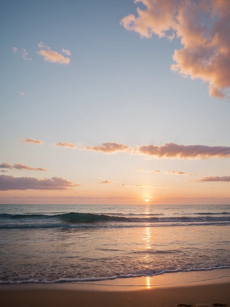 A highly realistic 8K image of a sunset at the beach. The scene features golden sands and gentle waves illuminated by the warm glow of the setting sun. Palm trees frame the view, casting long shadows on the sand. The sky is a stunning gradient of soft pink, orange, and purple hues. The reflection of the sunset on the water adds depth and serenity to the scene. Captured with a Canon EOS R5, 24-70mm f/2.8 lens at f/11, ISO 100, 1/60s shutter speed. Photorealistic, ultra-detailed, HDR, high dynamic range, impeccable sharpness and clarity.