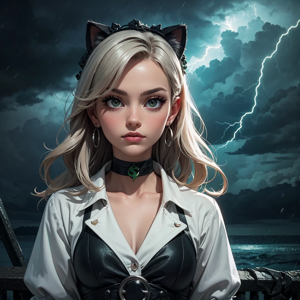 1 young cute mexican girl, foreground, looking at the viewer, Delgado, curvilinear, medium bust, wavy black fur, wide, Brown eyes, rouge, silver choker, long eyelashes, cat eyes makeup, showy, Slytherin gothic dress, small earrings, suave, elegant, warm lighting, storm environment, Instagram, Green theme, upper body shot, (cinematographic, black and green:0.85),(stormy night beautiful background:1.3), sharp, muted colors