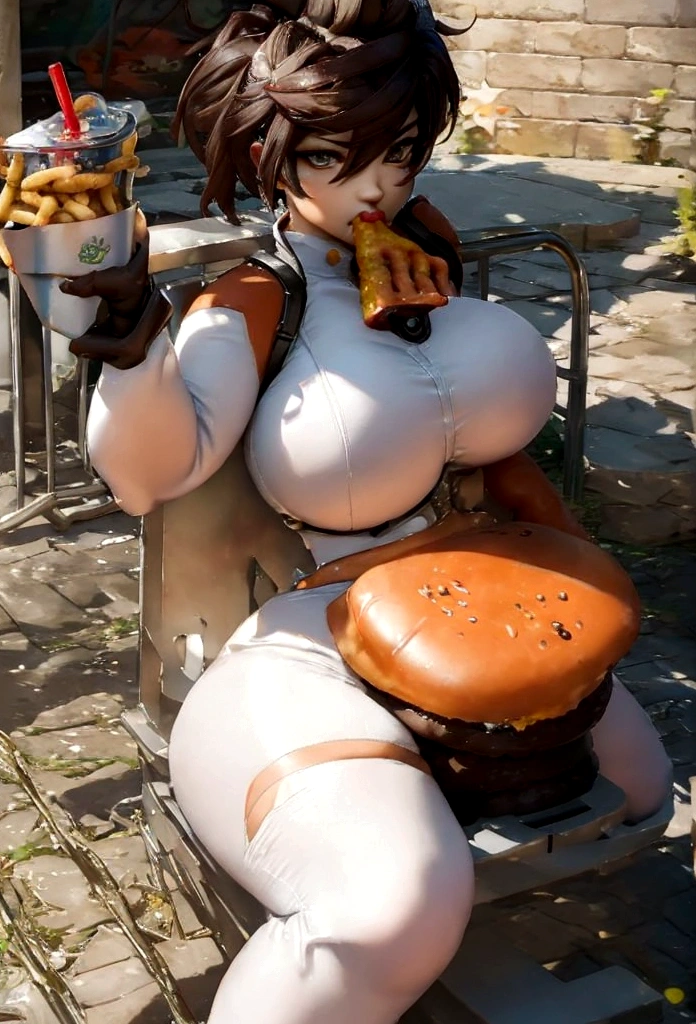 Tracer from overwatch with a big belly and breasts, noticeably fat, sitting while eating junk food. She is surrounded by hamburgers, French fries, and soft drinks, with a satisfied expression on his face