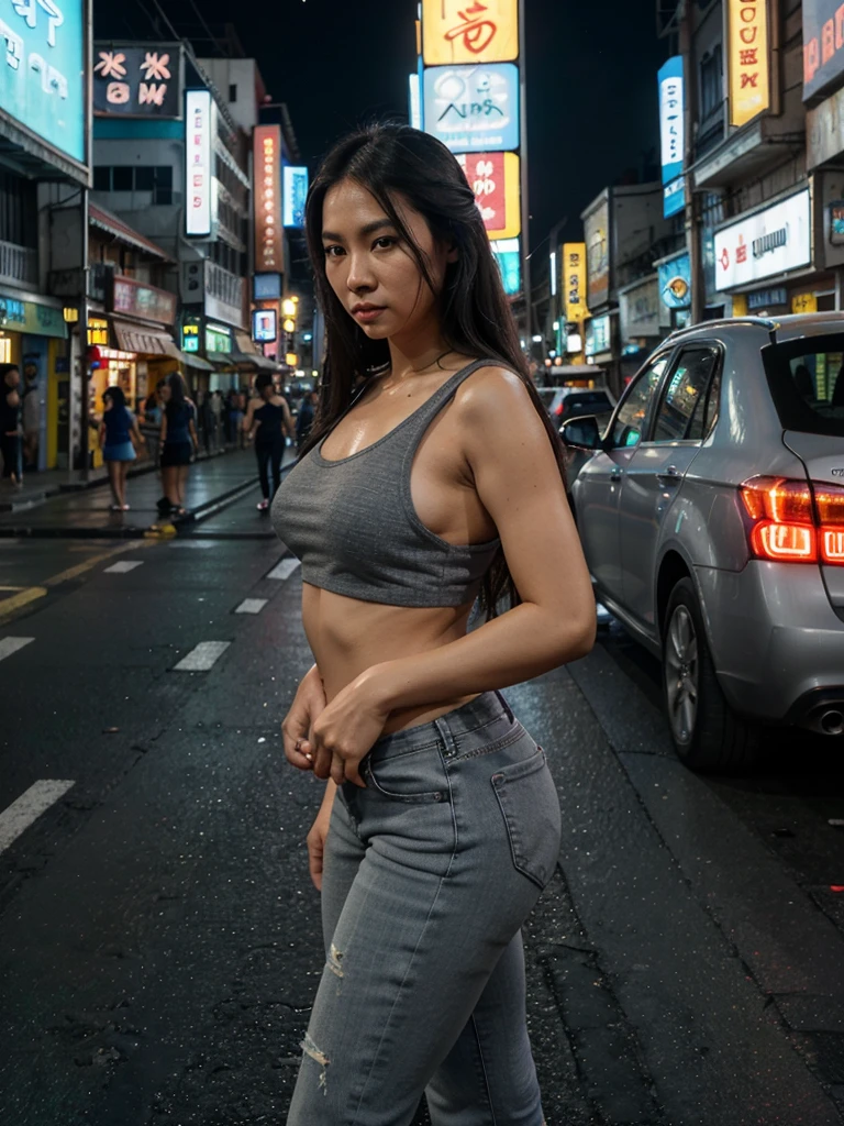 Photo of a 45 year old Thai woman, the water is quite large. Long straight hair, gray cropped tank top for women, jeans, standing in the middle of the road, posing beautifully on Yaowarat Road, Chinatown, Thailand, on an empty street without people. The background is a road with colorful neon signs. At night, the body is illuminated with light, capturing wide-angle images, bright colors, high contrast, realistic 32K images with high details. street photography