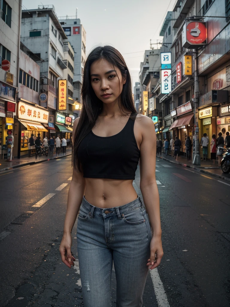 Photo of a 45 year old Thai woman, the water is quite large. Long straight hair, gray cropped tank top for women, jeans, standing in the middle of the road, posing beautifully on Yaowarat Road, Chinatown, Thailand, on an empty street without people. The background is a road with colorful neon signs. At night, the body is illuminated with light, capturing wide-angle images, bright colors, high contrast, realistic 32K images with high details. street photography