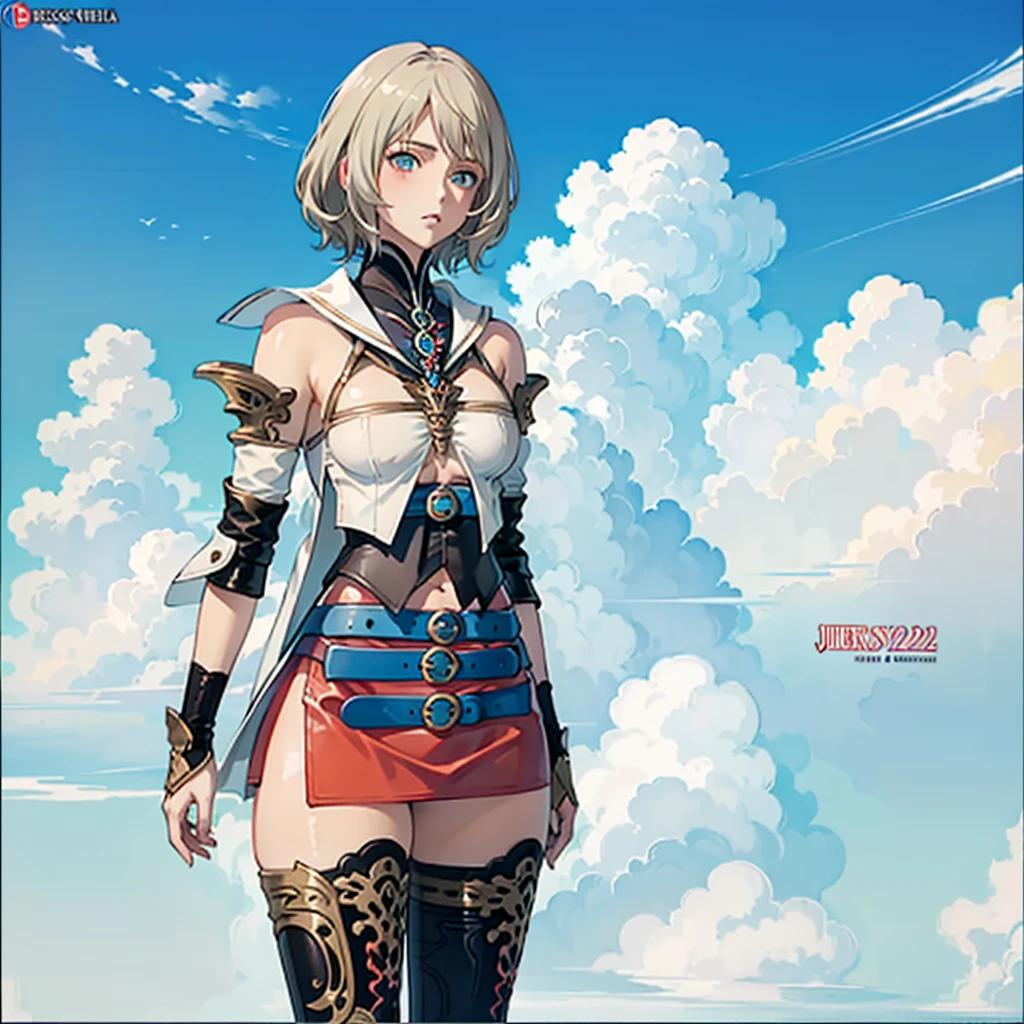 (cowboy shot,masutepiece, of the highest quality, Best Quality, Official art, Beautiful and aesthetic:1.2), ighly detailed, Colorful,highest details,Illustrations,Everyday scenery, 1girl in, Solo, (large boob,Final Fantasy 12,Ashelia, shorth hair,short-hair ,Ashelia Costume,Red mini skirt, thighs thighs thighs thighs, Knee socks that cover up to the shin,jewely, Blue belt,Number on one of the belts), is standing, move chart,Medieval fantasy
