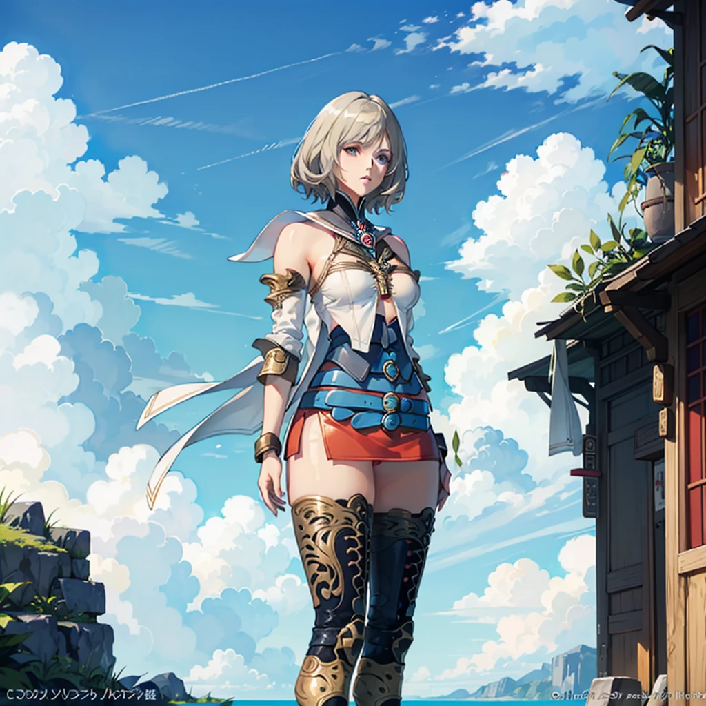 (cowboy  shot,masutepiece, of the highest quality, Best Quality, Official art, Beautiful and aesthetic:1.2), ighly detailed, Colorful,highest details,Illustrations,Everyday scenery, 1girl in, Solo, (large boob,Final Fantasy 12,Ashelia, shorth hair,short-hair ,Ashelia Costume,Red mini skirt, thighs thighs thighs thighs, Knee socks that cover up to the shin,jewely, Blue belt,Number on one of the belts), is standing, move chart,Medieval fantasy