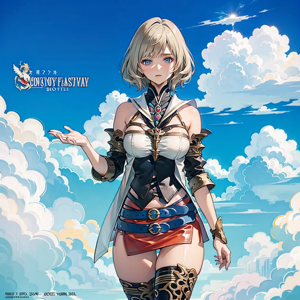 (cowboy  shot,masutepiece, of the highest quality, Best Quality, Official art, Beautiful and aesthetic:1.2), ighly detailed, Colorful,highest details,Illustrations,Everyday scenery, 1girl in, Solo, (large boob,Final Fantasy 12,Ashelia, shorth hair,short-hair ,Ashelia Costume,Red mini skirt, thighs thighs thighs thighs, Knee socks that cover up to the shin,jewely, Blue belt,Number on one of the belts), is standing, move chart,Medieval fantasy