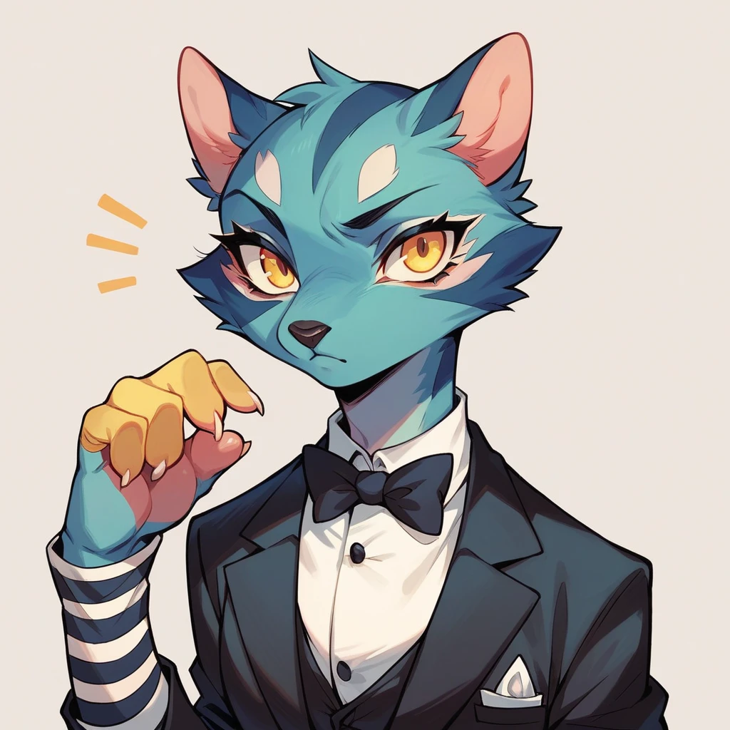 solo female ,furry ,tuxedo catA Japanese girl with yellow eyes, black fringes cut in a bob hairstyle, striped gloves wearing any clothes and any clothes as an outfit