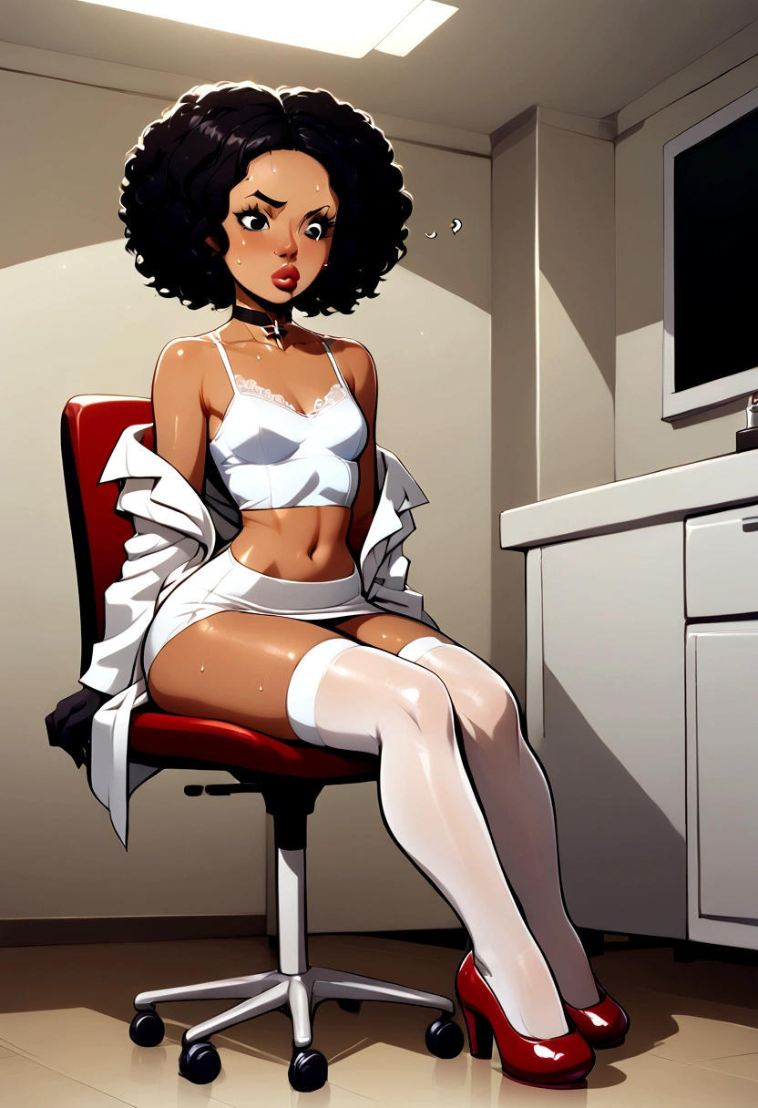 1 girl: full body. Sitting in a chair, inside a hospital office. Small and thin body, tiny, , ebony skin. Wide hips and narrow waist. Small bust. Full legs and lips. Long, loose, wavy, messy black hair. Black eyes. Dressed in a small erotic doctor costume: long white doctor's coat that covers the palms of the hands and reaches to the ankles, tiny white skirt, white crop top with a red cross in the middle that shows the abdomen, white stockings with lace with a red bow. Red patent leather shoes. Black choker. Black mesh gloves that leave the fingers exposed. Expression: confused, confused, raised eyebrow. Small, dark and sweaty body. **** body. body.