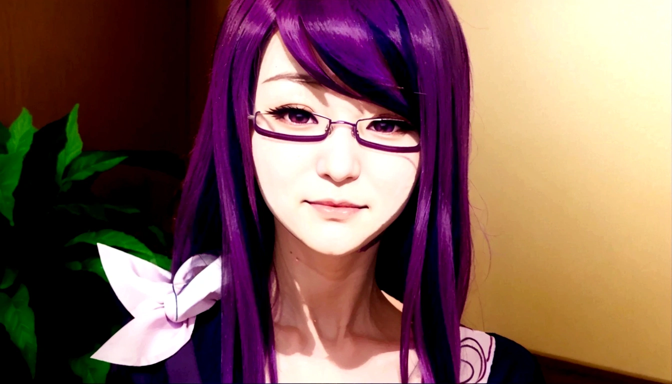 a close up of a person with purple hair and glasses, misato katsuragi, she has purple hair, rize kamishiro, rize kamishiro, rize kamishiro, rize kamishiro, as an anime character, tokyo ghoul style, rize kamishiro, anime girl named rize kamishiro, rize kamishiro, rize kamishiro, illustrious makinami