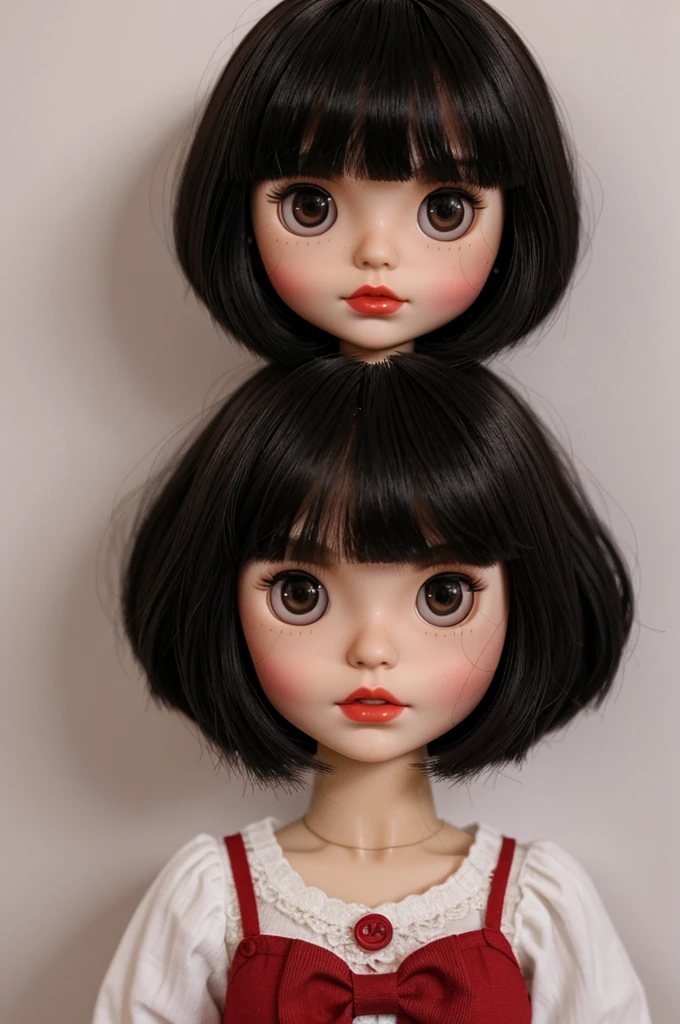make a blythe doll that has a round face with big black eyes and straight eyebrows, k has red lips and cheeks. With short, straight hair with Korean bangs