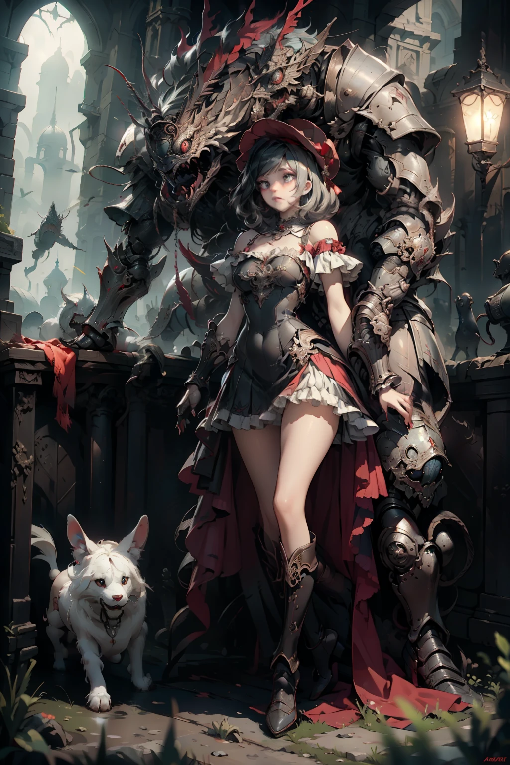  ((best quality)), ((masterpiece)), (detailed), very skinny, prominent collarbones, skinny arms, flat stomach, visible hip bones, red and white clothing, Bloodborne inspired, occult aesthetic, occult, detailed and intricate steampunk and detailed gothic, NSFW, Very dramatic and cinematic lighting, cosmic horror, grim-dark, side-lighting, perfect face, NSFW, Fluttering lace flared long knee length dress with frilly petticoats, knee length dress, pleated petticoats, lolita dress, petticoats gothic lolita, complex lace boots, side-lighting, gothic lolita aesthetic, wielding a mighty sword with mechanical components, carbine, NSFW, beautiful small breasts, small breasts, full body, whole body, body, NSFW, full body, whole body, head-to-toe NSFW 