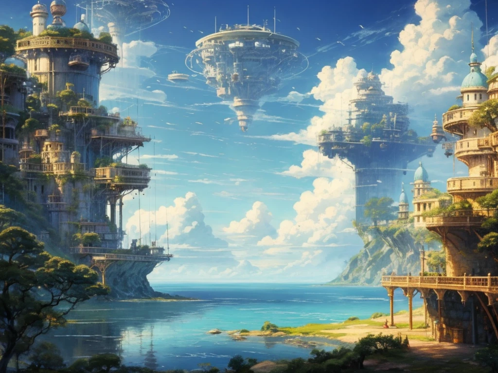 DVD screengrab from studio ghibli movie, beautiful seaside steampunk observatory, clouds on blue sky, designed by Hayao Miyazaki, retro anime
