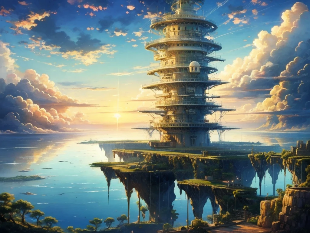 DVD screengrab from studio ghibli movie, beautiful seaside steampunk observatory, clouds on blue sky, designed by Hayao Miyazaki, retro anime