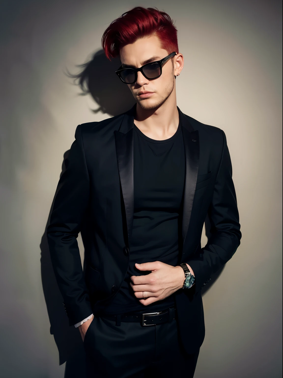 black T-shirt, opening a front of suit jacket, black wall, facing forward, waist up, midnight, white man, red hair, punk, eyewear, wild